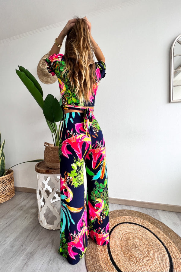 Print V Neck Short Sleeves Crop Top Elastic Waist Wide Leg Pants Set