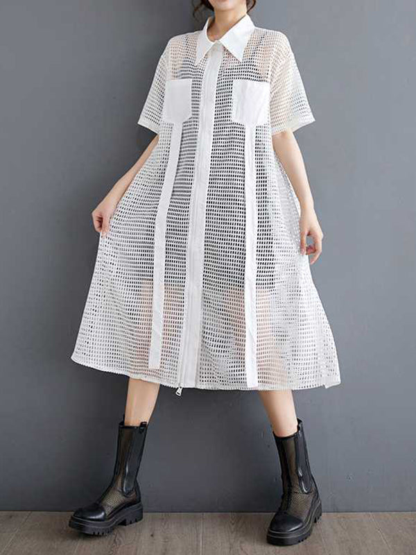 Half Sleeves Loose Hollow Color Split-joint Zipper Lapel Midi Dresses Shirt Dress