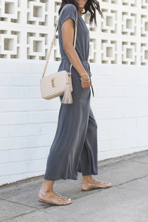 Elastic Waist V Neck Wide Leg Jumpsuit