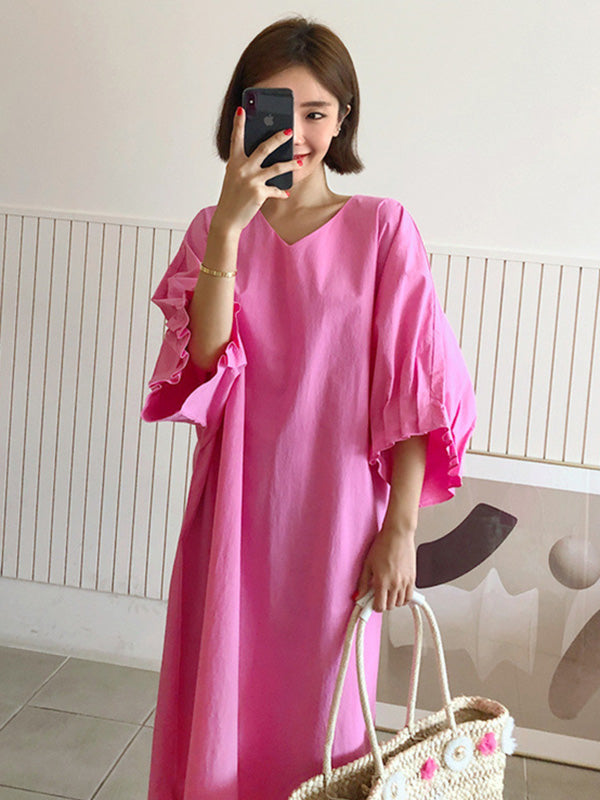 Causal Pleated Raglan Sleeve V-neck Midi Dress