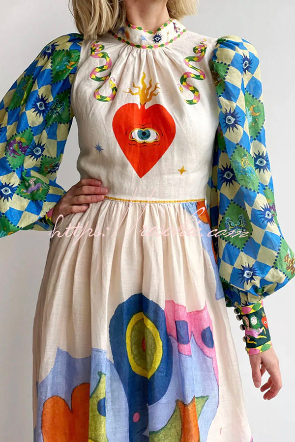 Dear to My Heart Unique Print Lantern Sleeve A-line Midi Dress