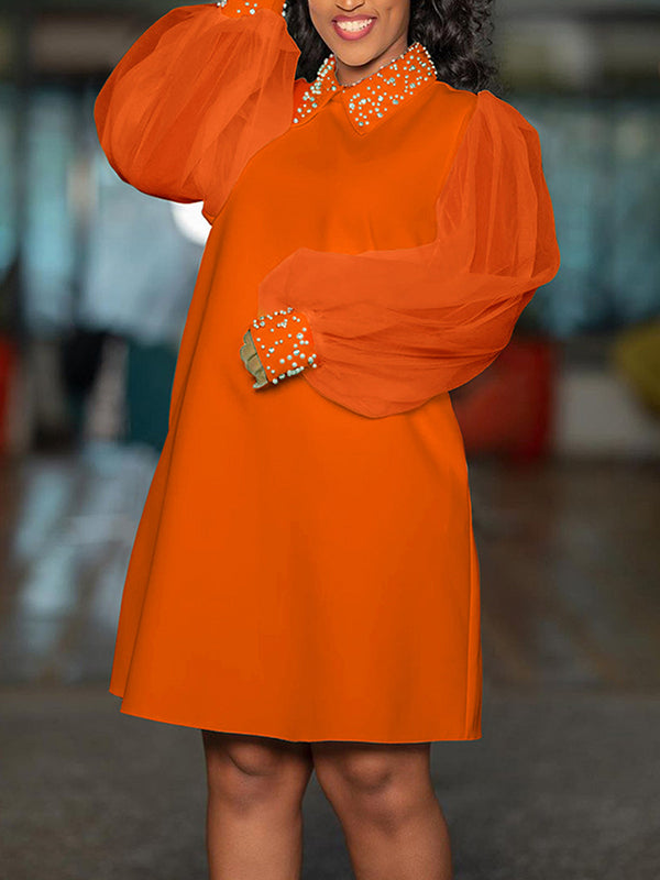 Puff Sleeves Beads Mesh Color Split-joint Round-neck Midi Dresses