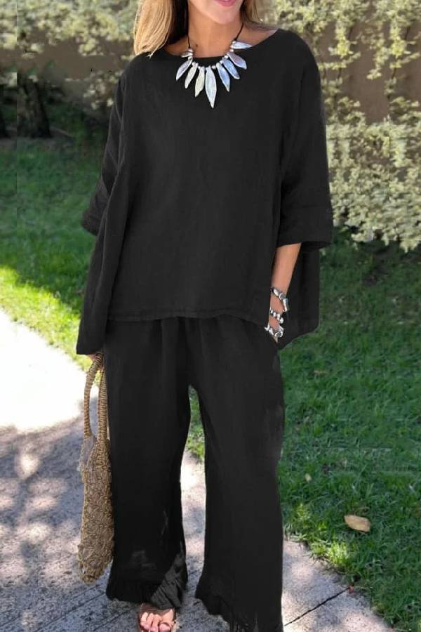 Color Loose Top & Pants Cotton Linen Two-piece Set