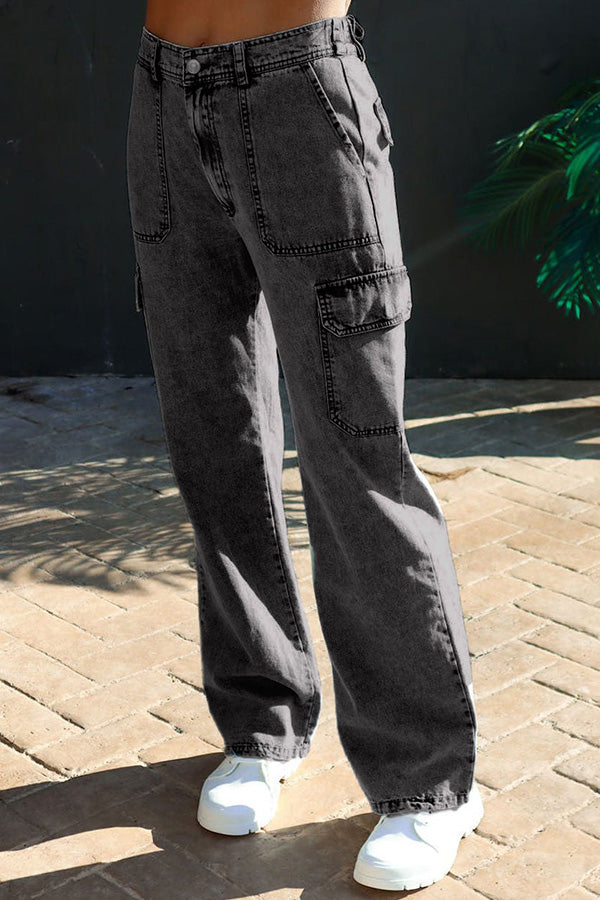 Washed Denim Multi-pocket Non-stretch Overalls