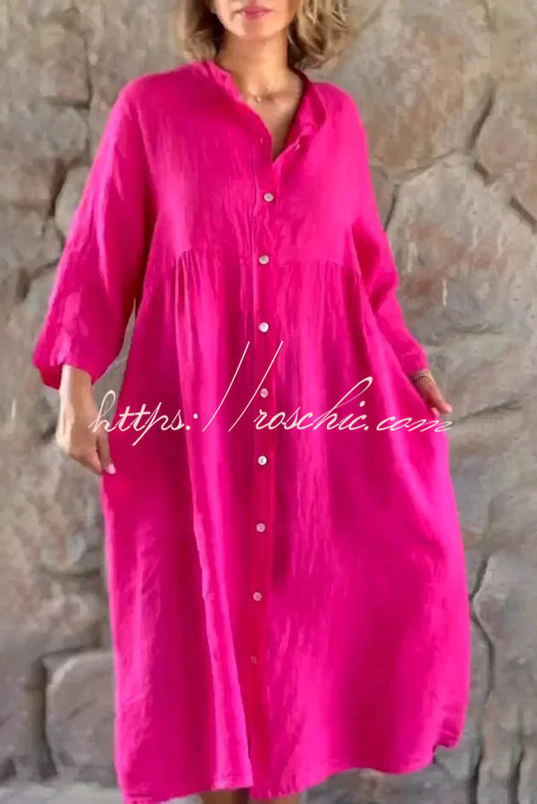 Mindful Cotton Blend Color Button Midi Dress