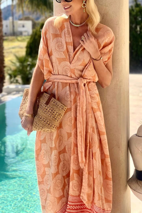 Conch Print V-neck Lace-up Beach Midi Dress