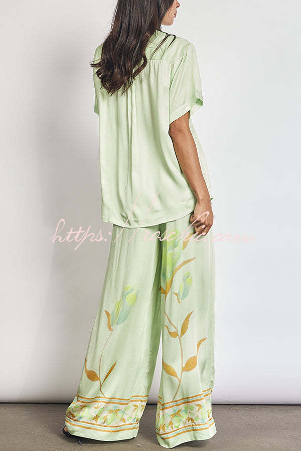 Niah Satin Tulip Print Lapel Short Sleeve Shirt and Elastic Waist Tie Pocket Wide Leg Pants Set