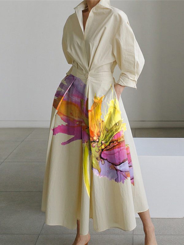 Long Sleeves Loose Printed Pleated Split-joint Tied Waist Lapel Midi Dresses Shirt Dress