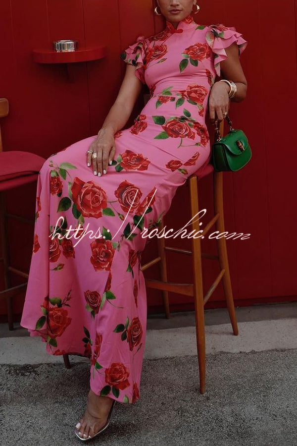 Cheongsam Style Rose Print Tiered Flare Sleeve Stretch Maxi Dress