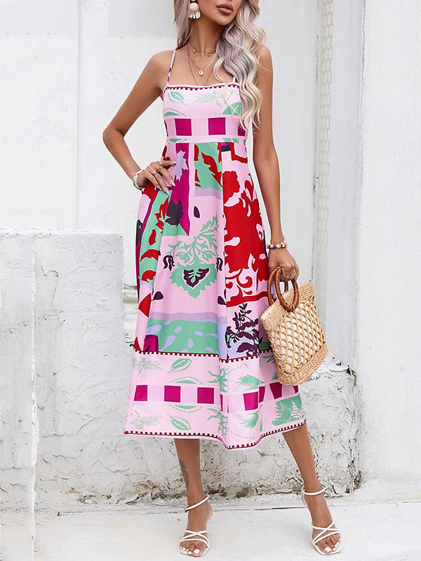 High Waisted Sleeveless Pleated Printed Split-joint Collarless Midi Dresses Slip Dress