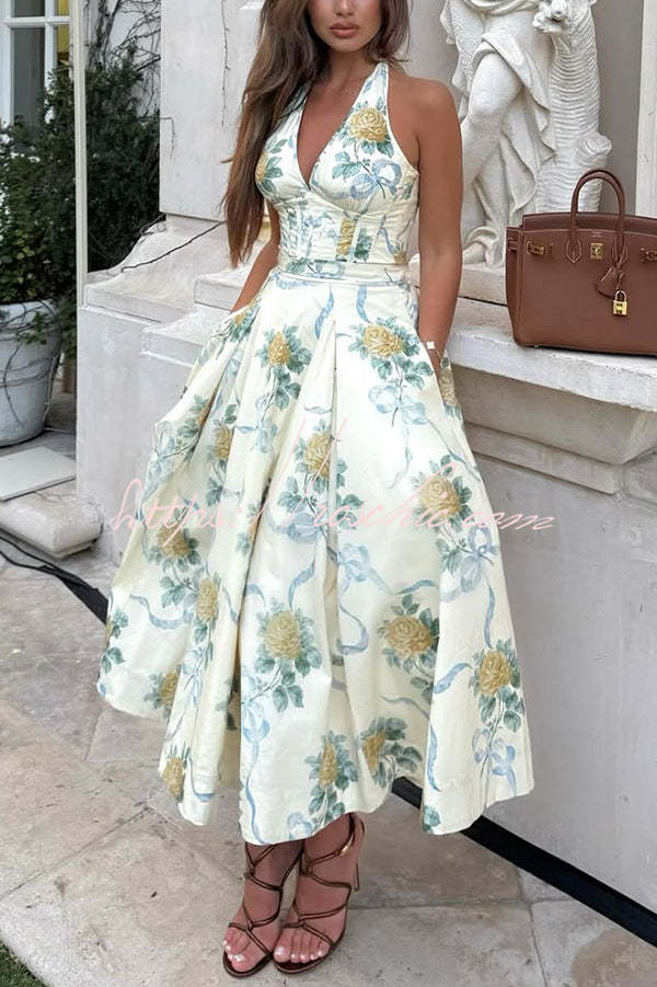 Resort Star Print Waist Halterneck Tie Pocket Midi Dress