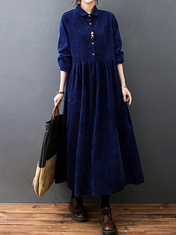 Split-joint Color Long Sleeves Lapel A-line Corduroy Midi Dress