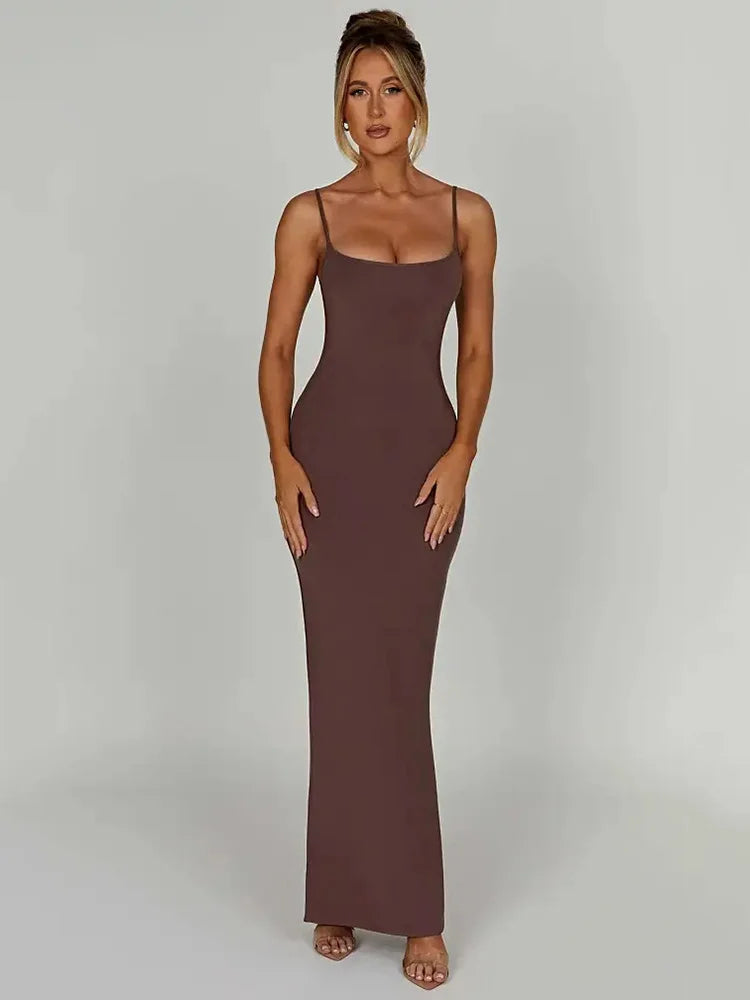 Spaghetti Strap Backless Bodycon Maxi Dress Slim Party Club Female Vesidos Street Evening Dress