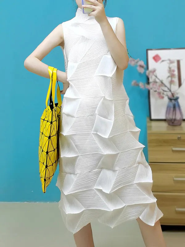 Sleeveless Irregularity Pleated Color Stand Collar Midi Dresses