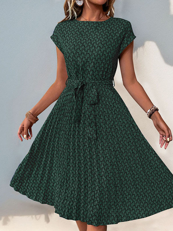 Loose Raglan Sleeve Printed Tied Waist Round-neck Midi Dresses