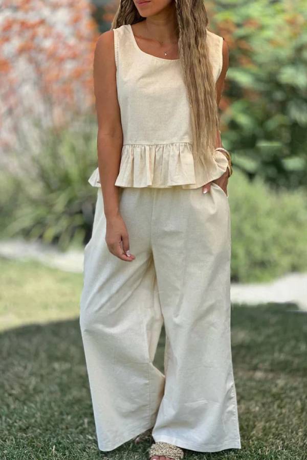 Cotton and Linen Color Sleeveless Top & Wide Leg Pants Two-piece Set