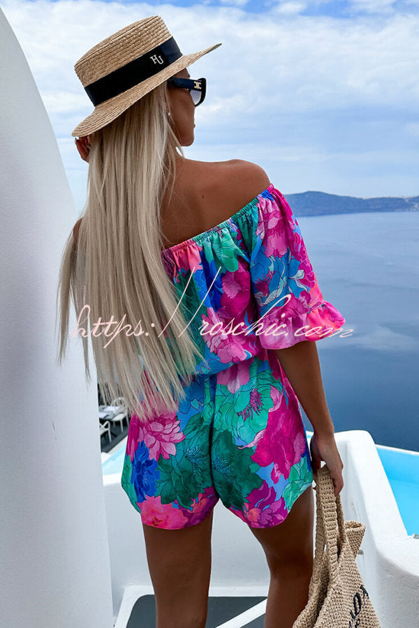 Meet at Sunset Printed Off Shoulder Belted Loose Romper