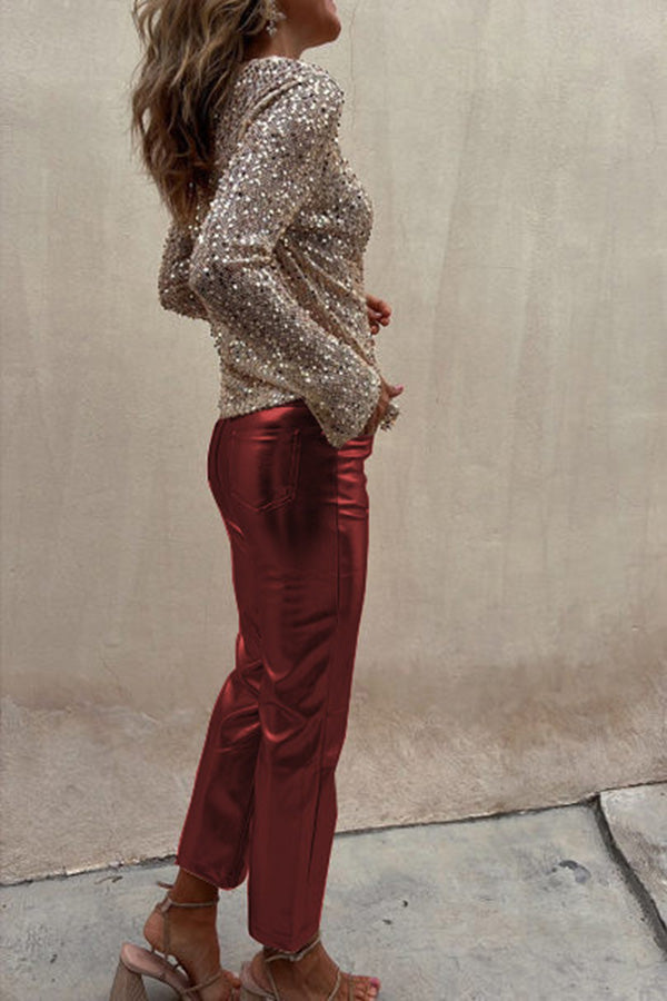 Sinclair Metallic Faux Leather High Rise Pocketed Straight Pants(shipped Within 24 Hours)