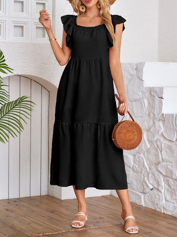 A-line Loose Elasticity Pleated Ruffled Color Split-joint Off-the-shoulder Midi Dresses