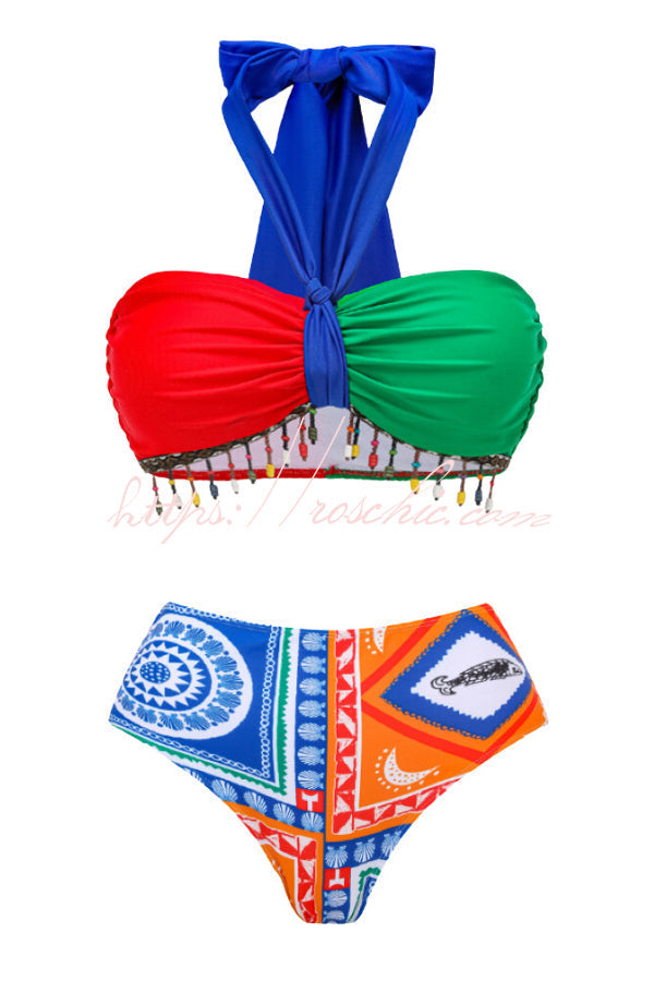 Contrast Mural Print High Waist Bikini and Pants
