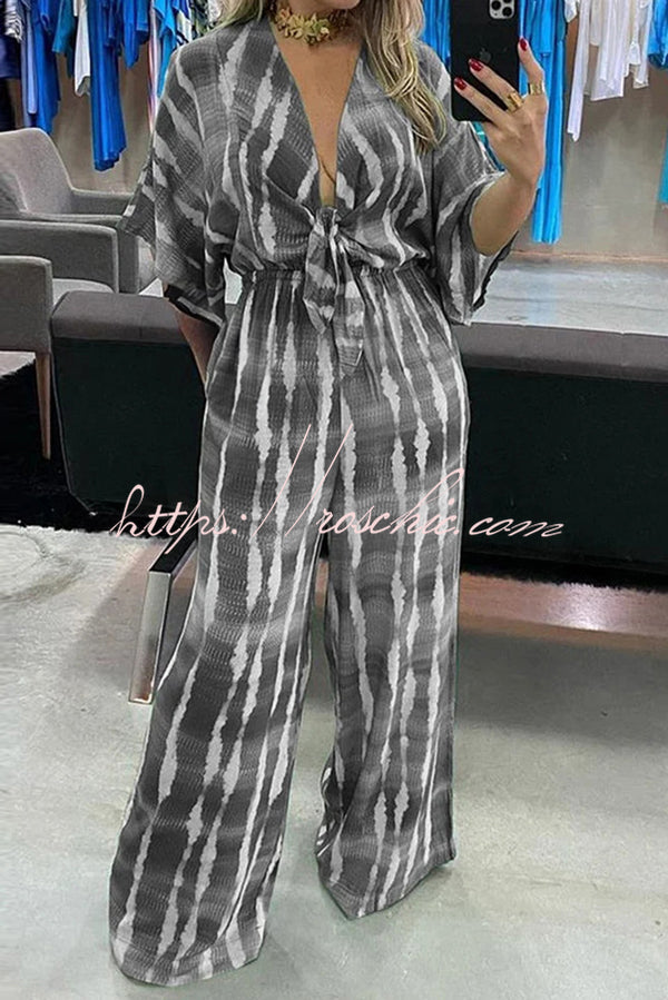 Striped Print V-neck Lace-up Wide-leg Jumpsuit