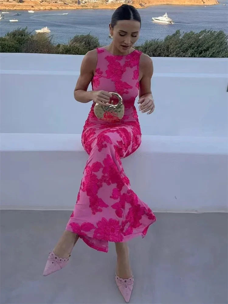 Autumn Printed Female Long Dress Patchwork Sleeveless Slim Party Dress Contrast Beach Clothes ’s Dress