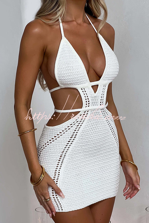 Effortlessly Cool and Knit Crochet Cutout Halter Tie-up Stretch Mini Dress