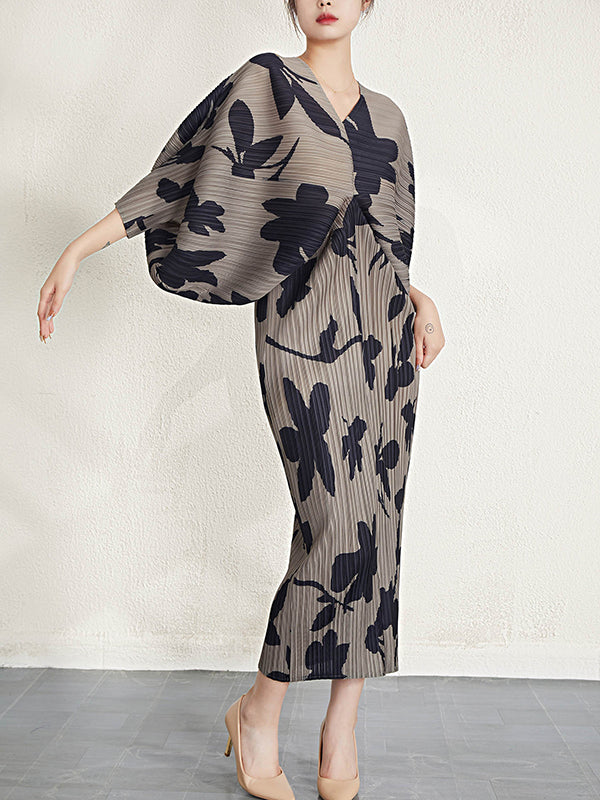 Batwing Sleeves Loose Pleated Printed V-neck Midi Dresses