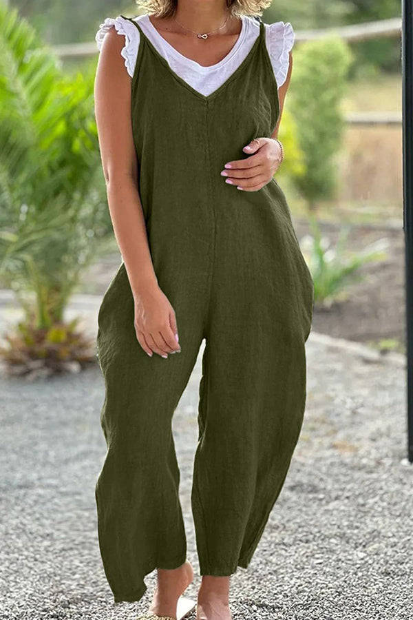 V-neck Wide-leg Pants Suspenders Color Long Jumpsuit