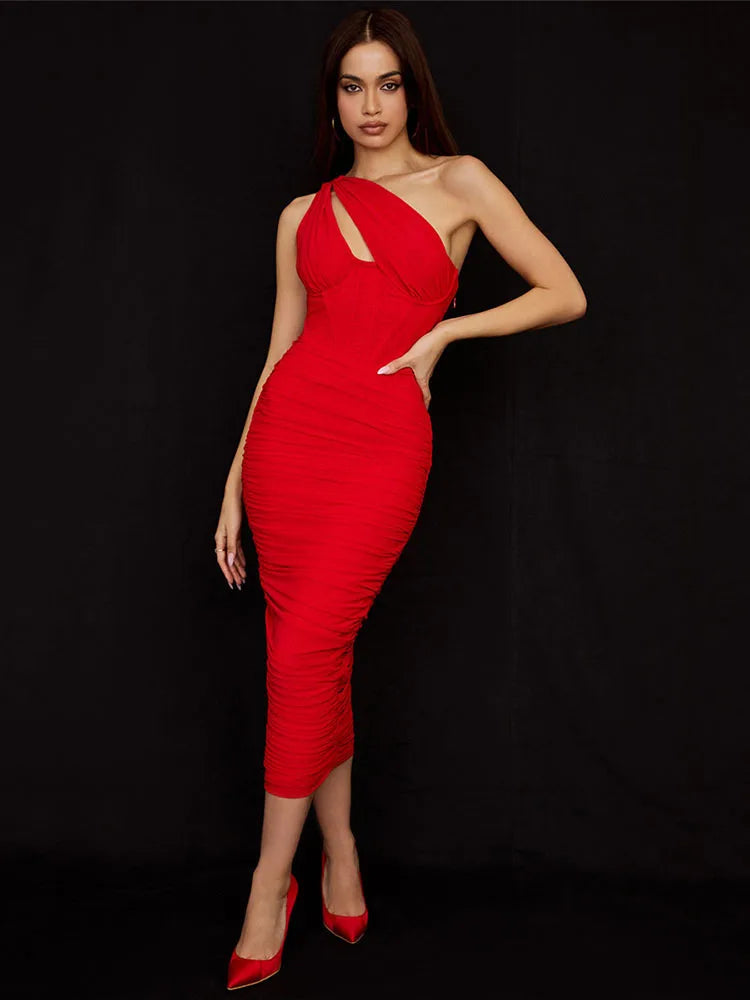 One Shoulder Ruched Midi Dress for Club Party Outfits Summer New Sleeveless Backless Bodycon Long Dress