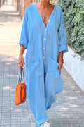V-neck Button Up Jumpsuit With Mid Waist Pocket Jumpsuit
