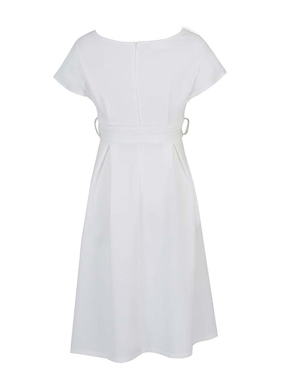 Bowknot Lace-up Color V-neck Midi Dresses