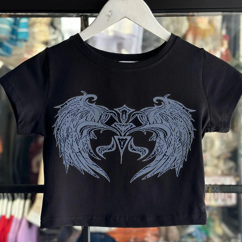 Y2k Spicy Girl European and American Abstract Printed T-shirt Summer New Short Style Open Navel Commuter Short Sleeved Top