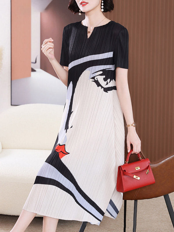 A-line Loose Figure Pleated V-neck Midi Dresses