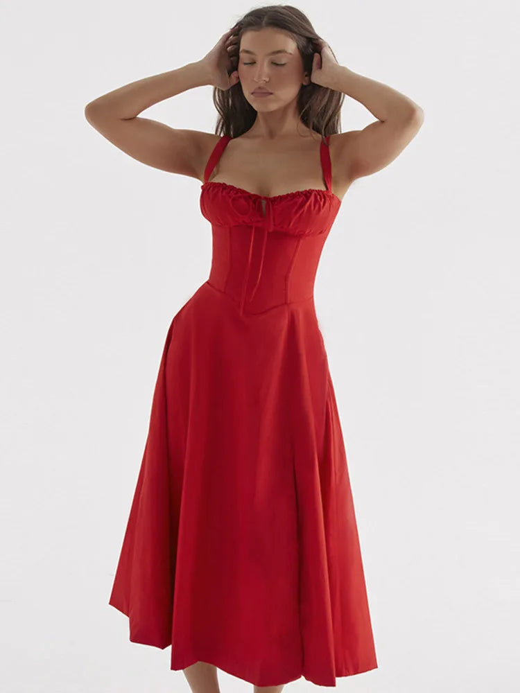 Backless Split Midi Dress for Robe Spaghetti Strap Sleeveless Lace-up Pleated Party Long Dress Vestido