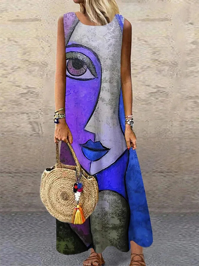 Print Sleeveless Long Dresses Summer O Neck Loose Maxi Dress Temperament Commuting Clothing Vestido Female