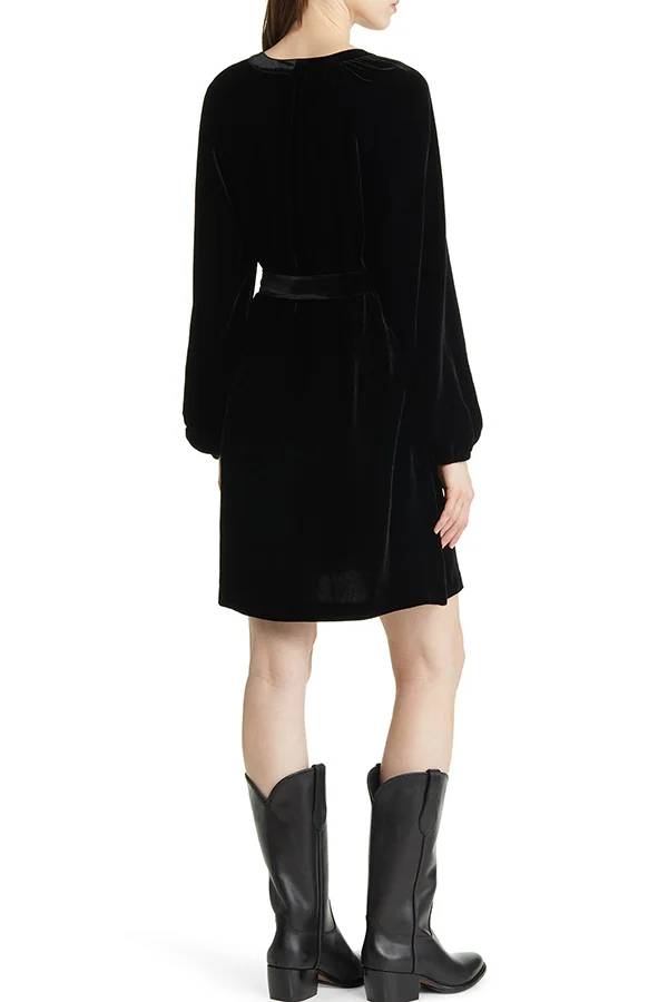 Color Velvet Long-sleeved V-neck Lace-up Mini Dress
