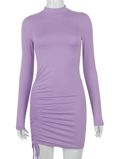 Long Sleeve Ruched Bodycon Dress Turtleneck Bandage Mini Dresses Autumn Black Skinny Stretchy Party Vestidos