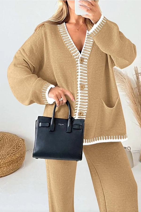 Knitted Long Sleeve Pocket Cardigan and Elastic Waist Loose Wide Leg Pants Set