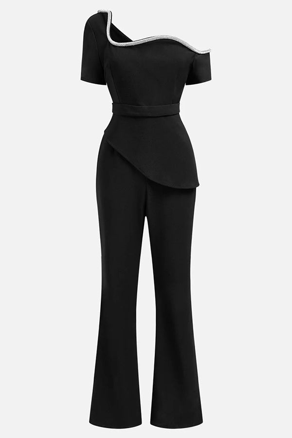 Color Irregular One-shoulder Waist Slim Wide-leg Jumpsuit