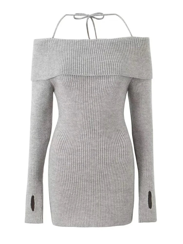 Knit Sweater Lace-up Mini Dress for Ribbed Long Sleeve Loose Backless Slim Dress ’s Knitwear Mini Dress