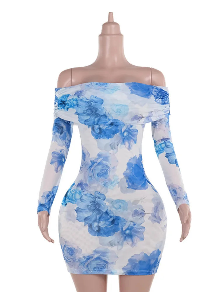 Blue Print Mini Dress for Autumn New Off-shoulder Backless Long Sleeve High Waist Party Dress