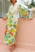 Summer Party Print Balloon Sleeve Pocketed Belt Shirt Midi Dress