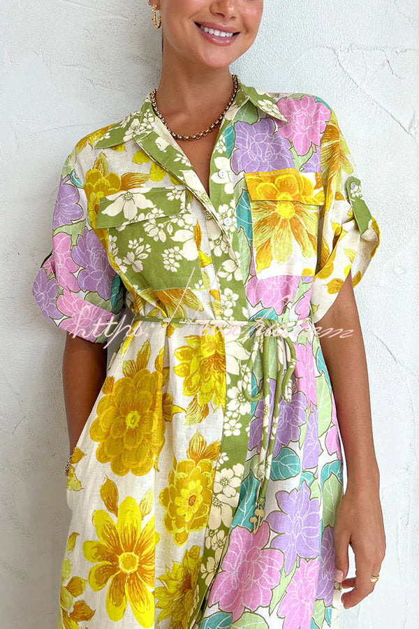 Travel Effortlessly Linen Blend Patchwork Shirt Midi Dress