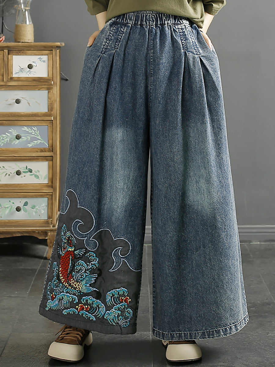 Summer Koi Embroidery Wide-leg Denim Pants Co1049