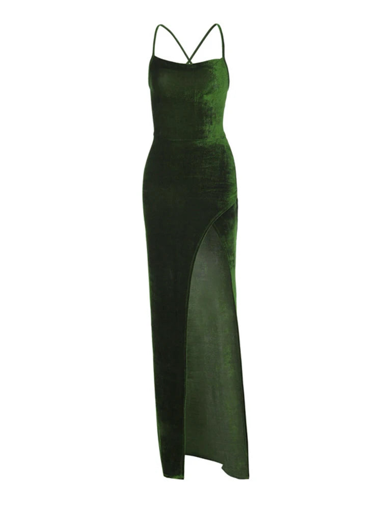 Lace Up Green Velvet Strap Maxi Dress for Side Slit Backless Bodycon Prom Dress Outfit Birthday Party