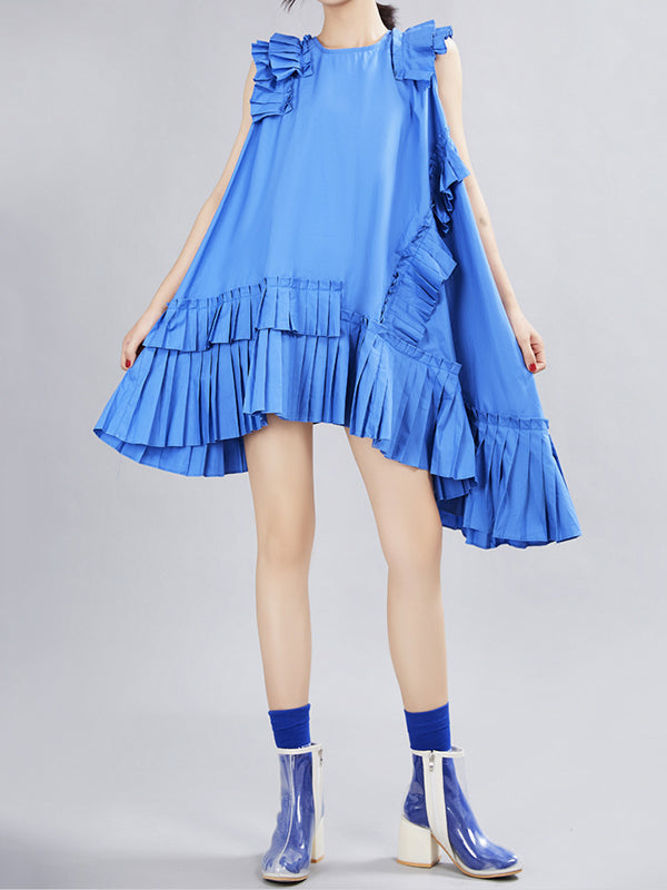 Flying Sleeves Loose Asymmetric Pleated Color Split-joint Round-neck Midi Dresses