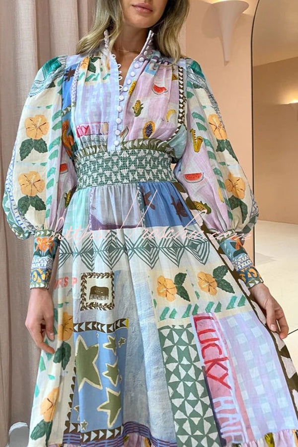 Playfully Unique Print Balloon Sleeve Smocked Waist Shirt Midi Dress