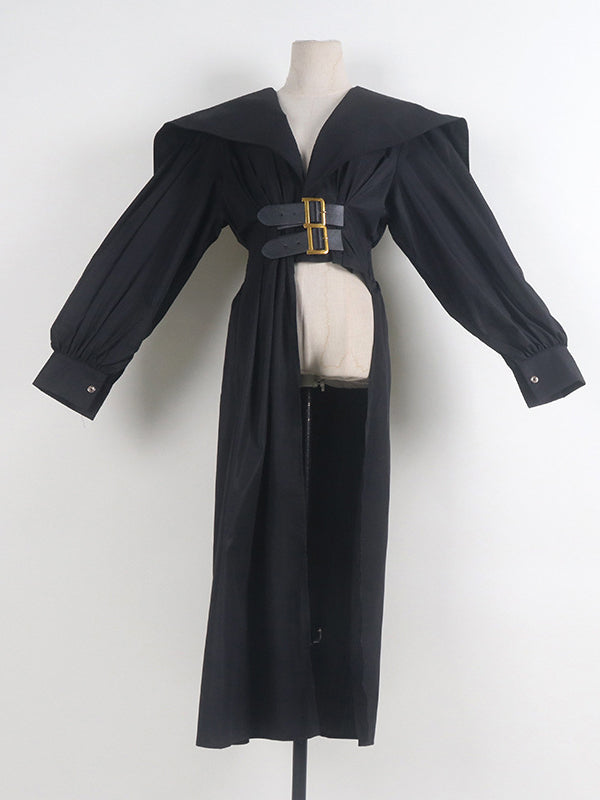 High Waisted Long Sleeves Asymmetric Belted Pleated Color Lapel Midi Dresses