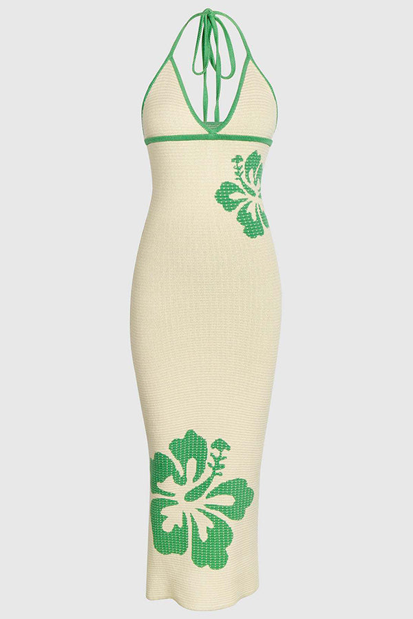 Midsummer Knit Pattern Mermaid Hem Halterneck Stretch Midi Dress